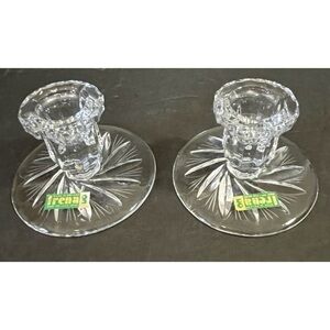 Irena Poland Crystal Taper Candle Candlestick Holders Vintage MCM Short Pair 2x